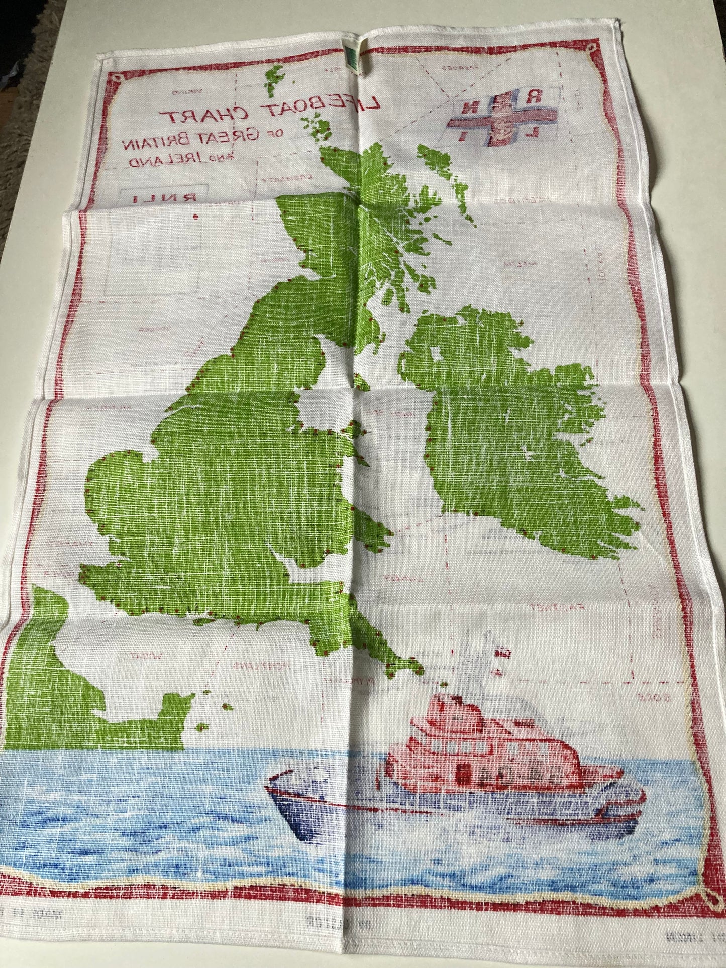 Vintage RNLI Lifeboat Chart Of Great Britain & Ireland Linen Tea Towel