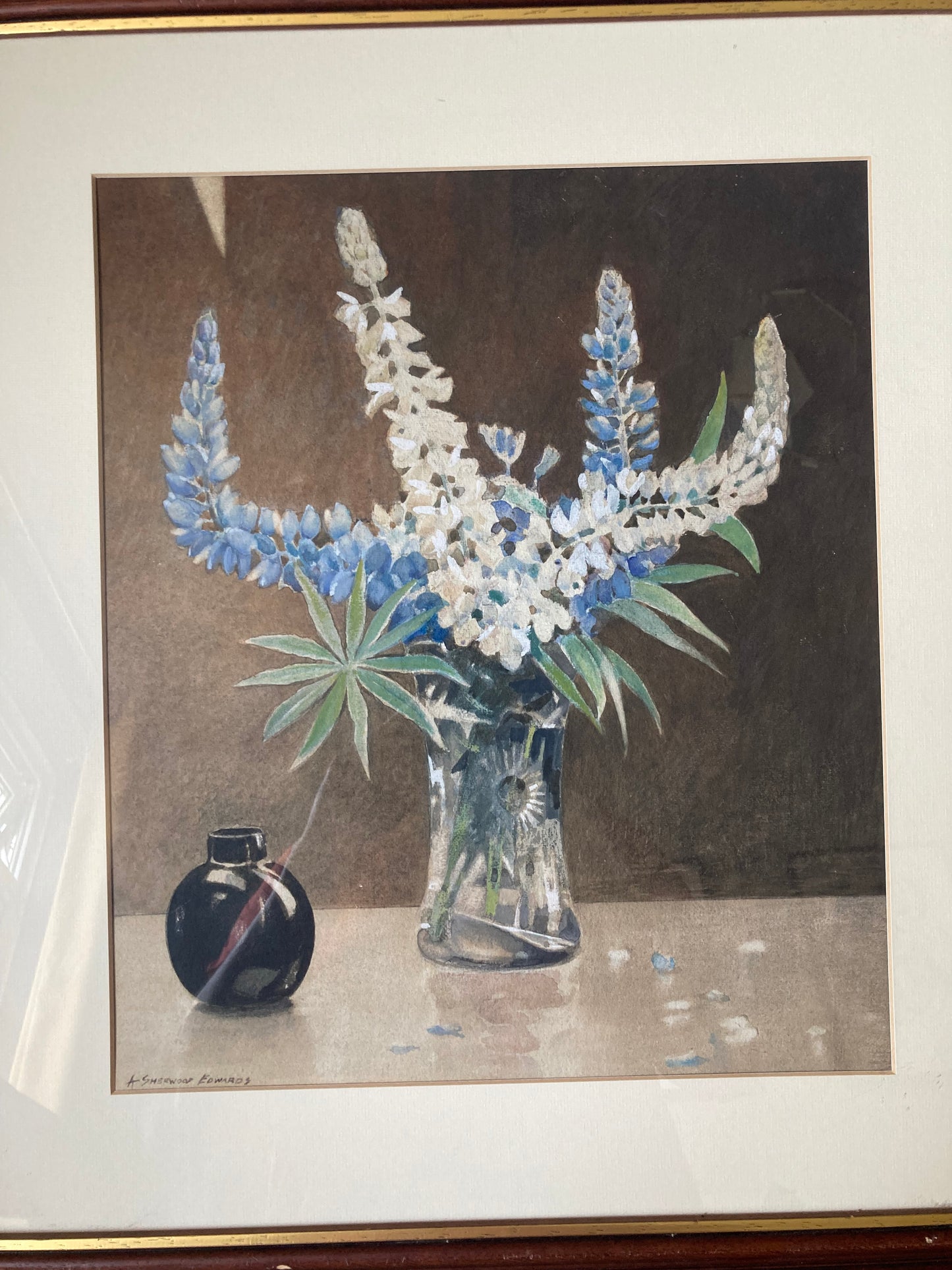 Vintage Floral Still Life Watercolour Painting Framed Blue White Signed Arthur Sherwood Edwards