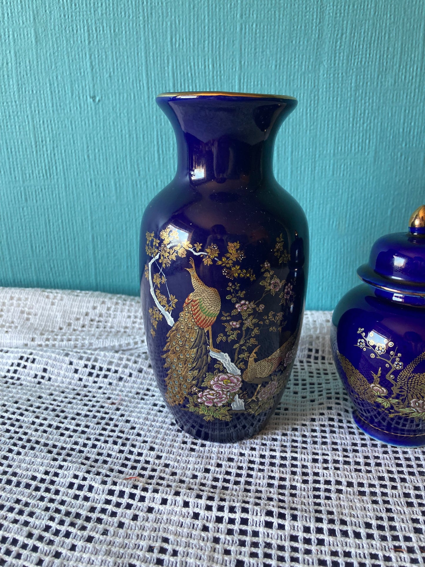 Kutani Ginger Jar and Vase Set Japanese Peacock Ceramics