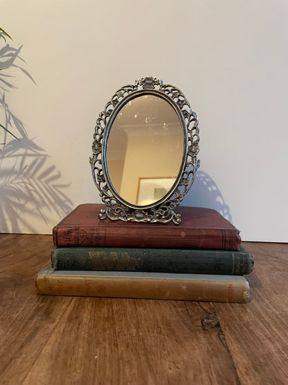 Ornate Oval Mirror Framed Small Pewter Effect Free Standing Prop Gift