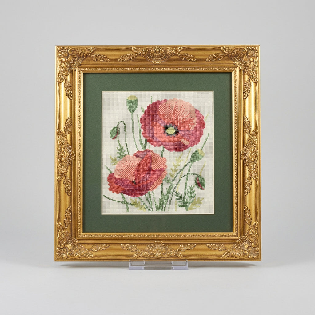 Vintage Framed Poppy Needlepoint in Ornate Gold Frame