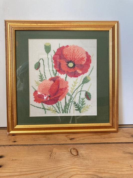 Vintage Framed Poppy Needlepoint in Ornate Gold Frame