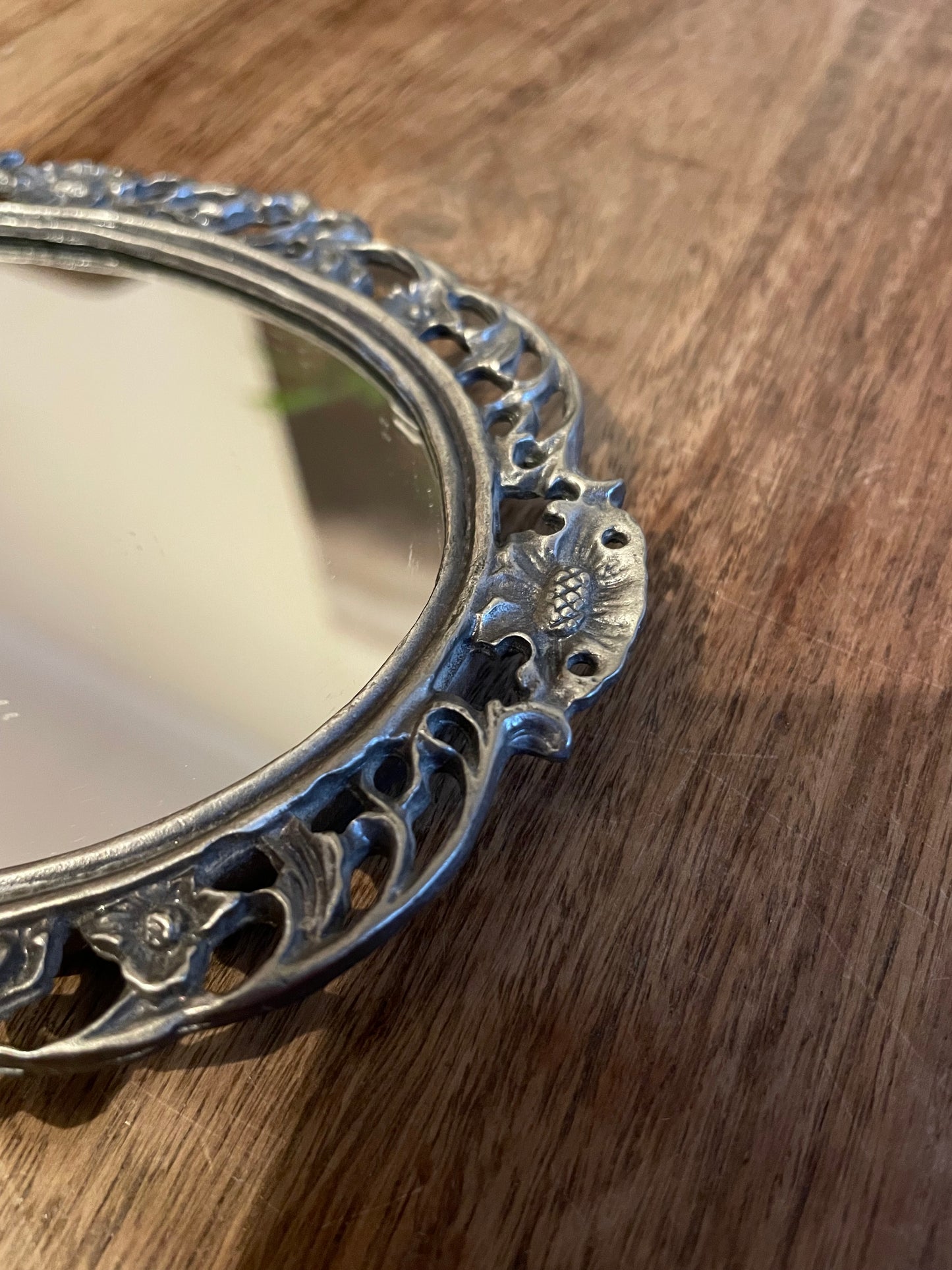 Ornate Oval Mirror Framed Small Pewter Effect Free Standing Prop Gift