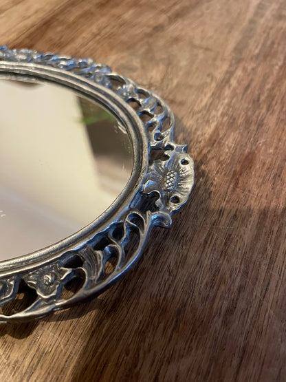 Ornate Oval Mirror Framed Small Pewter Effect Free Standing Prop Gift