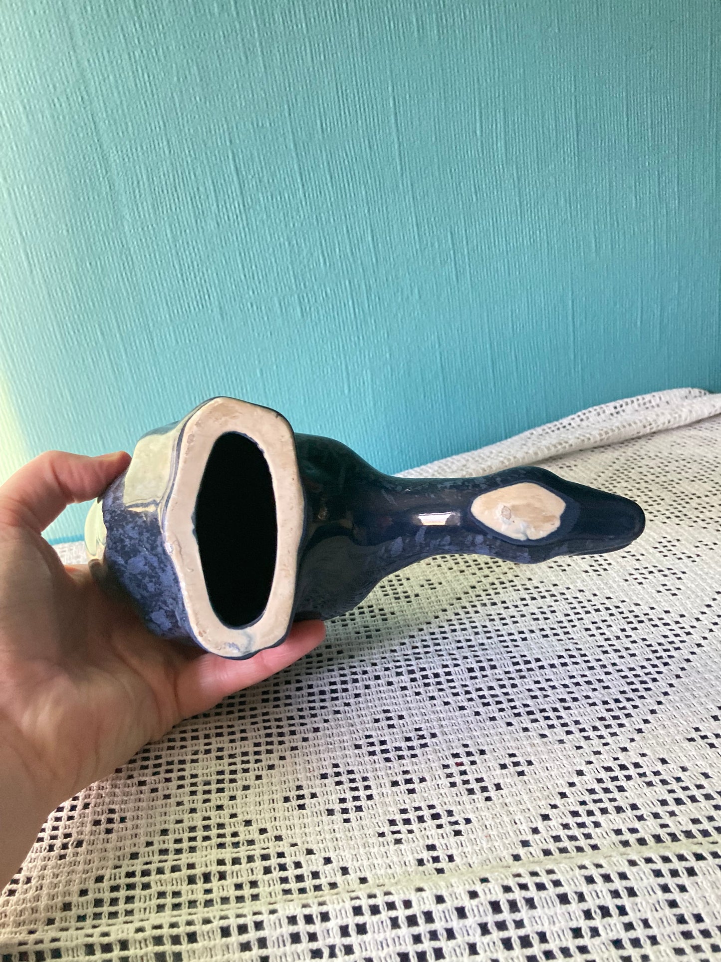 Blue Speckled Ceramic Goose Ornament