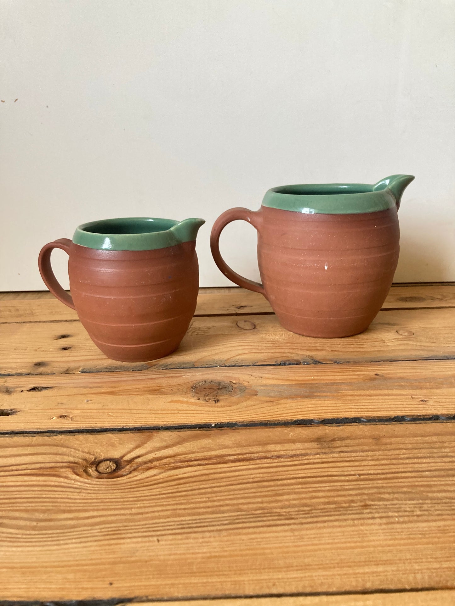 Pair of Vintage Royal Barum Ware Terracotta Cream Jugs | C.H. Brannam Pottery Devon