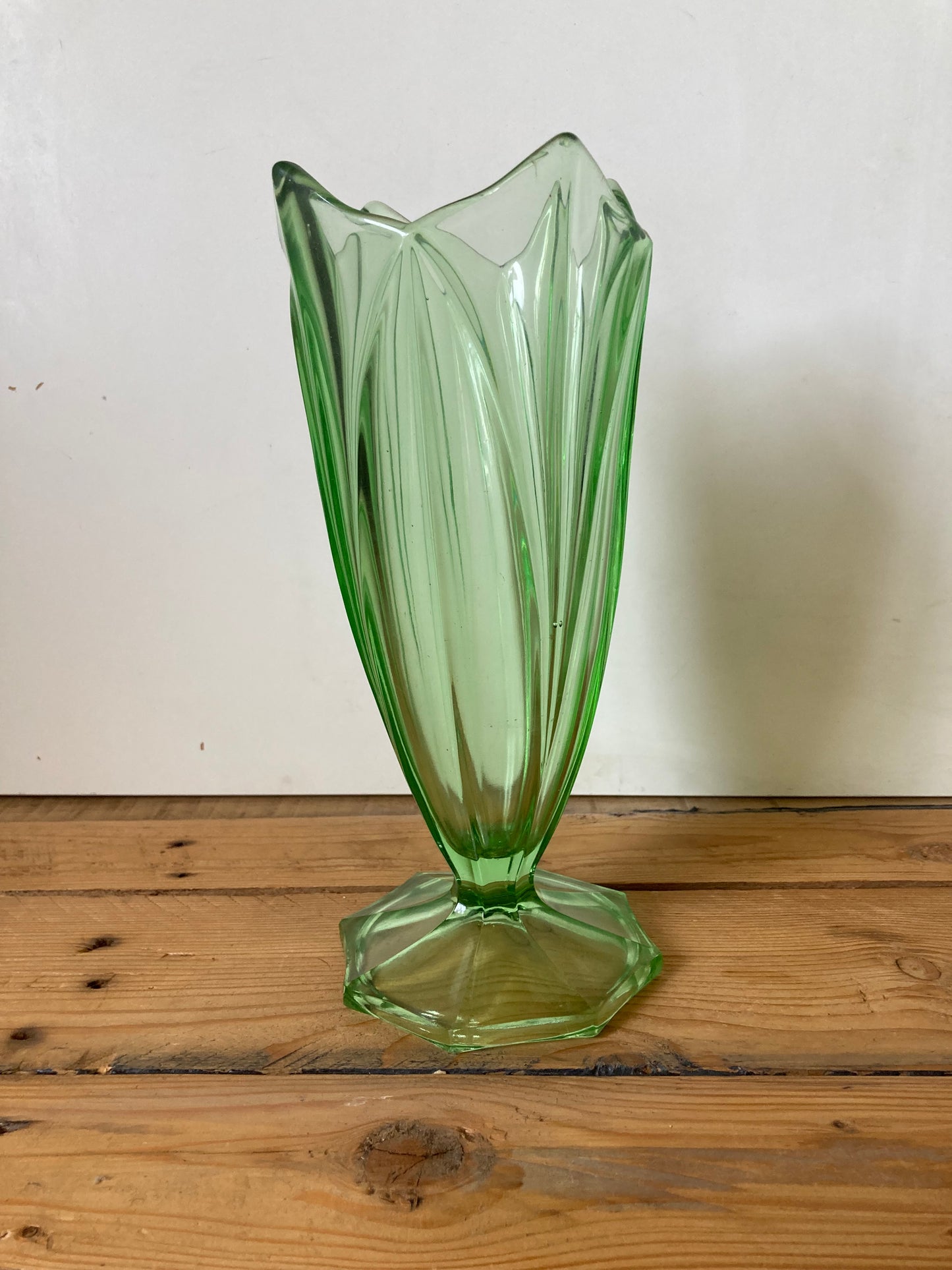 Vintage Art Deco Uranium Glass Tulip Vase | Green Czech Style Pressed Glass c.1930s