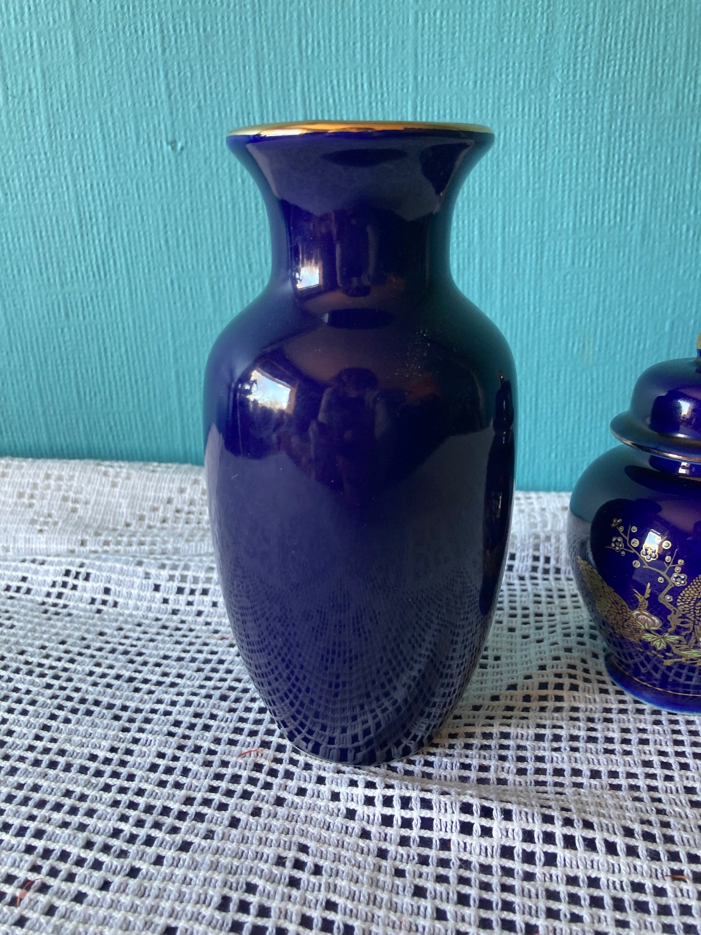 Kutani Ginger Jar and Vase Set Japanese Peacock Ceramics