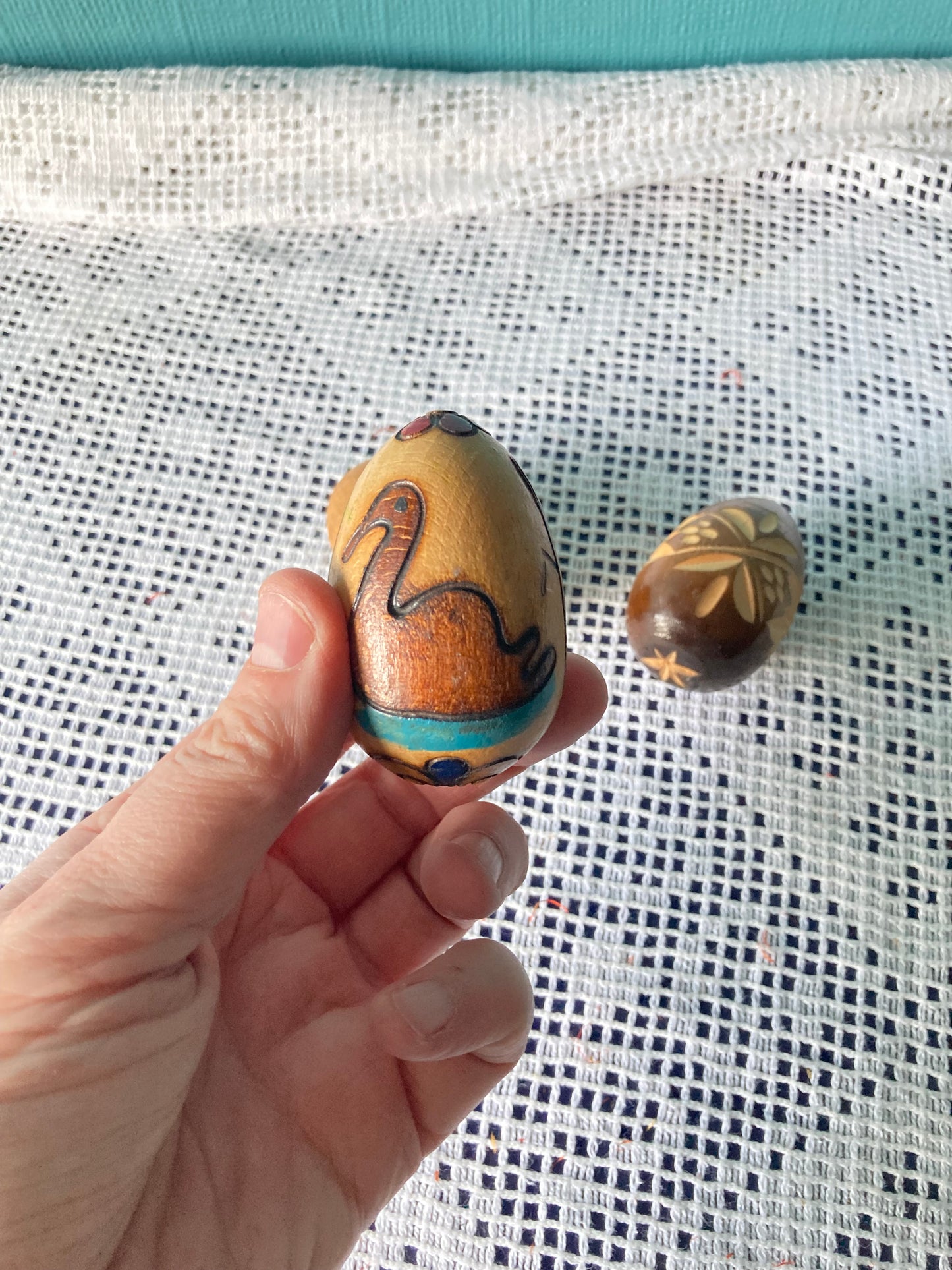 Hand Carved Decorated Wooden Egg Trio