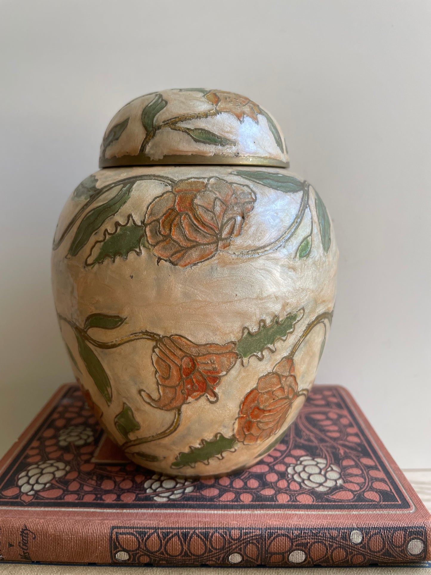 Cloisonne Decorated Brass Urn Vase Vintage Rose Pattern