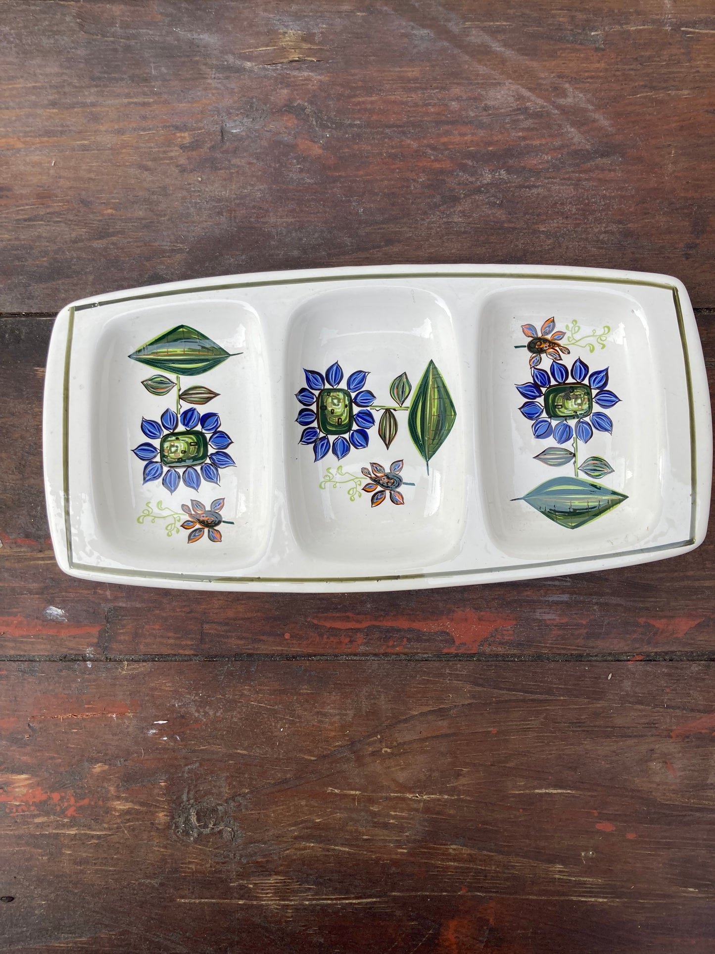 Palissy Royal Worcester Pottery Blue Floral 3 Section Tray