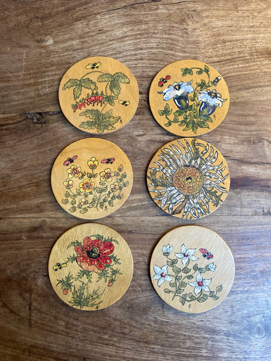 Hand Decorated Wooden Coasters Set Of 6 Handarbeit Nature Floral