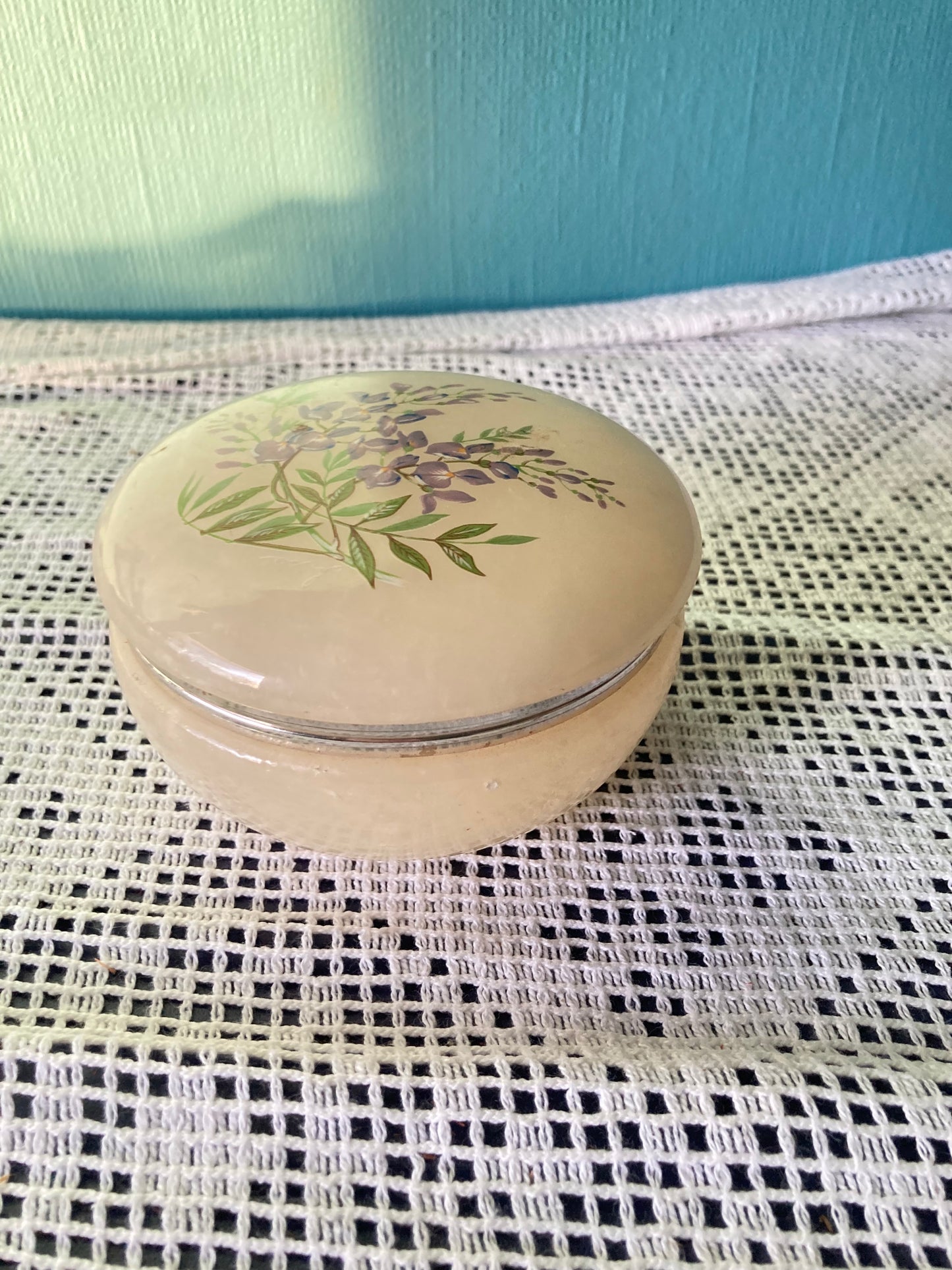 Genuine Alabaster Hand Carved Purple Violet Flowers Hinged Trinket/Jewelry Box