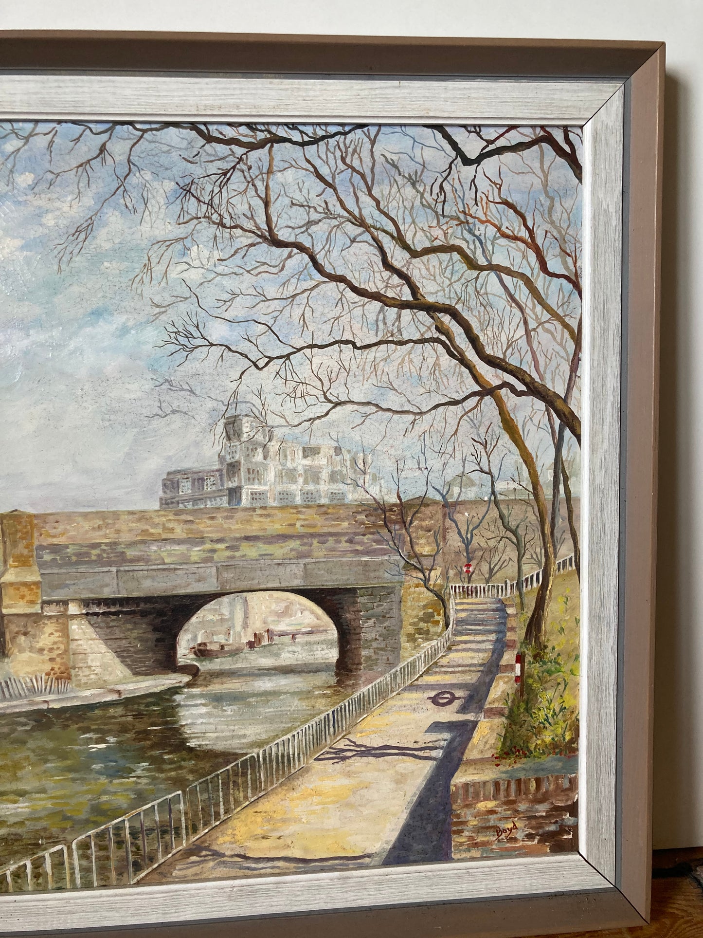Original Oil Painting On Board Canal Bridge Landscape Framed