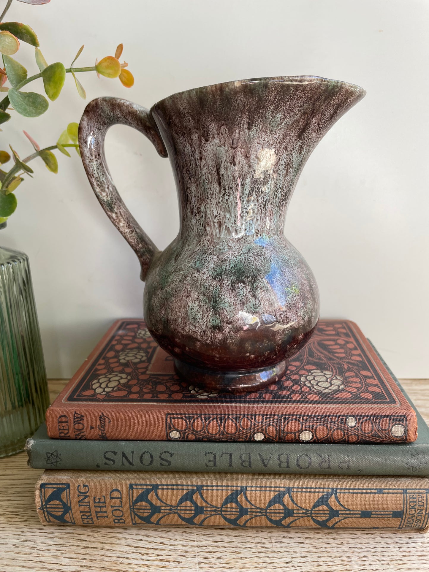 West German Pottery Jug Green Pink White Drizzle Glaze Small Pitcher Vase Decor