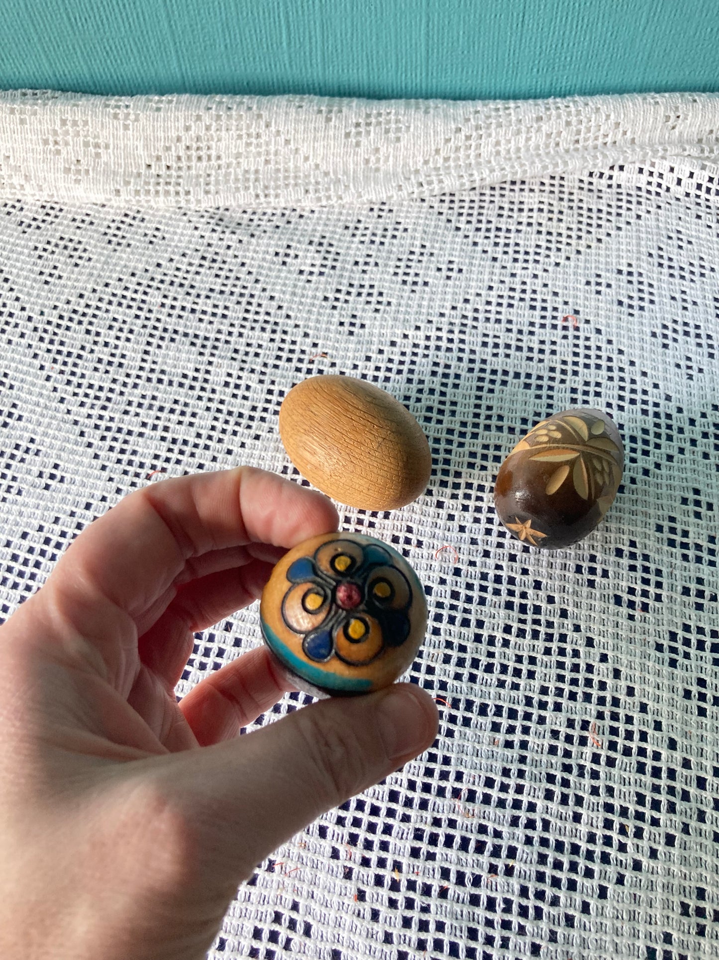 Hand Carved Decorated Wooden Egg Trio