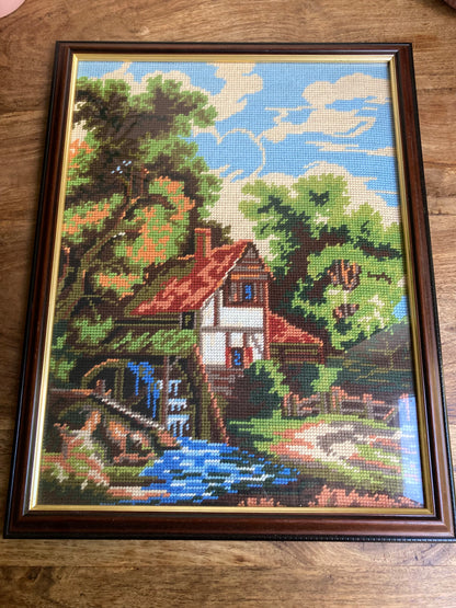 Watermill Cottage Completed Needlepoint Framed Landscape Countryside Fibre Art