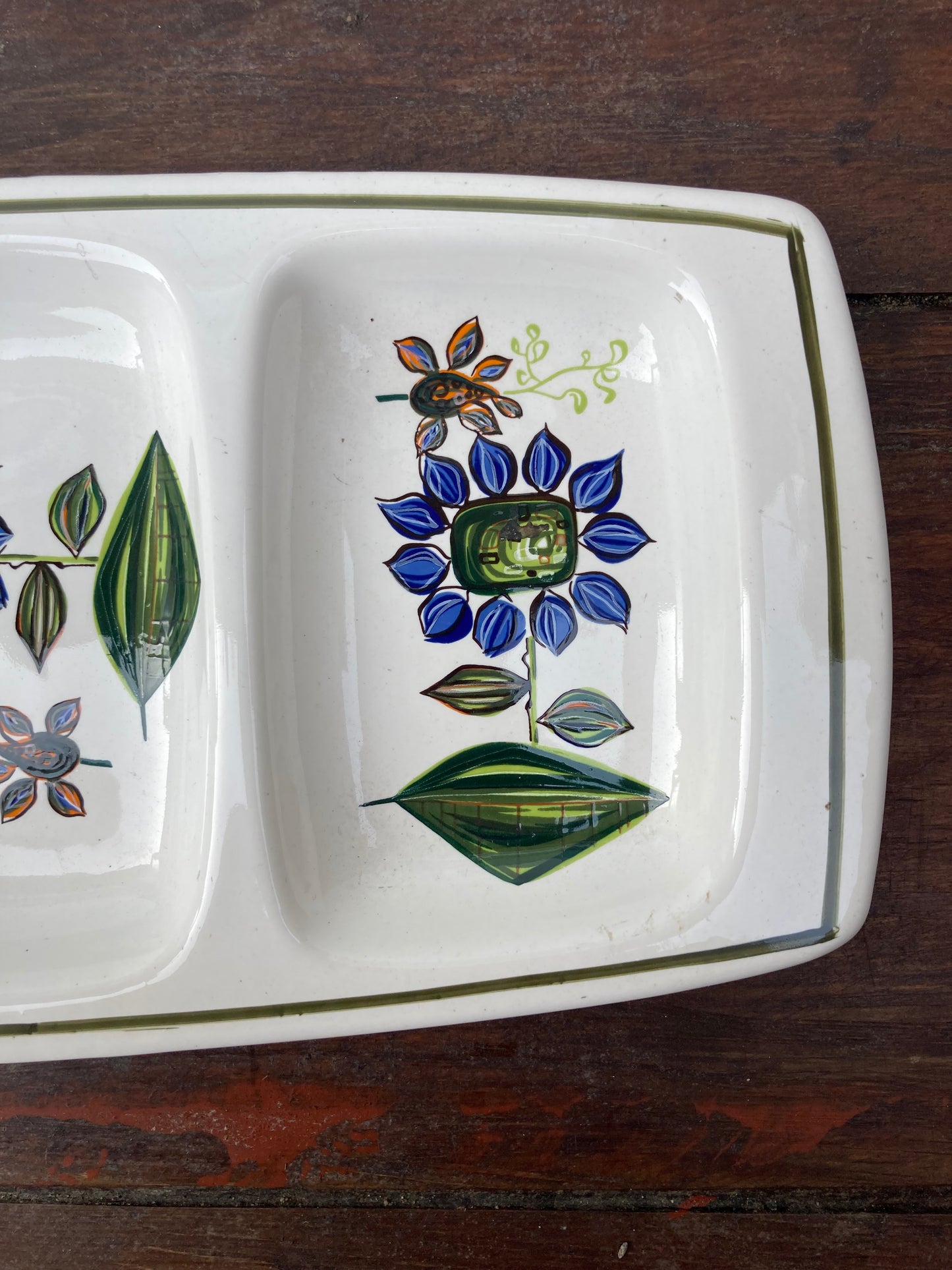 Palissy Royal Worcester Pottery Blue Floral 3 Section Tray