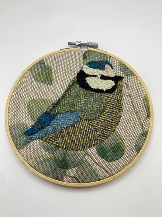 Blue Tit Patchwork Hand Stitched Large Round Hoop Wall Art