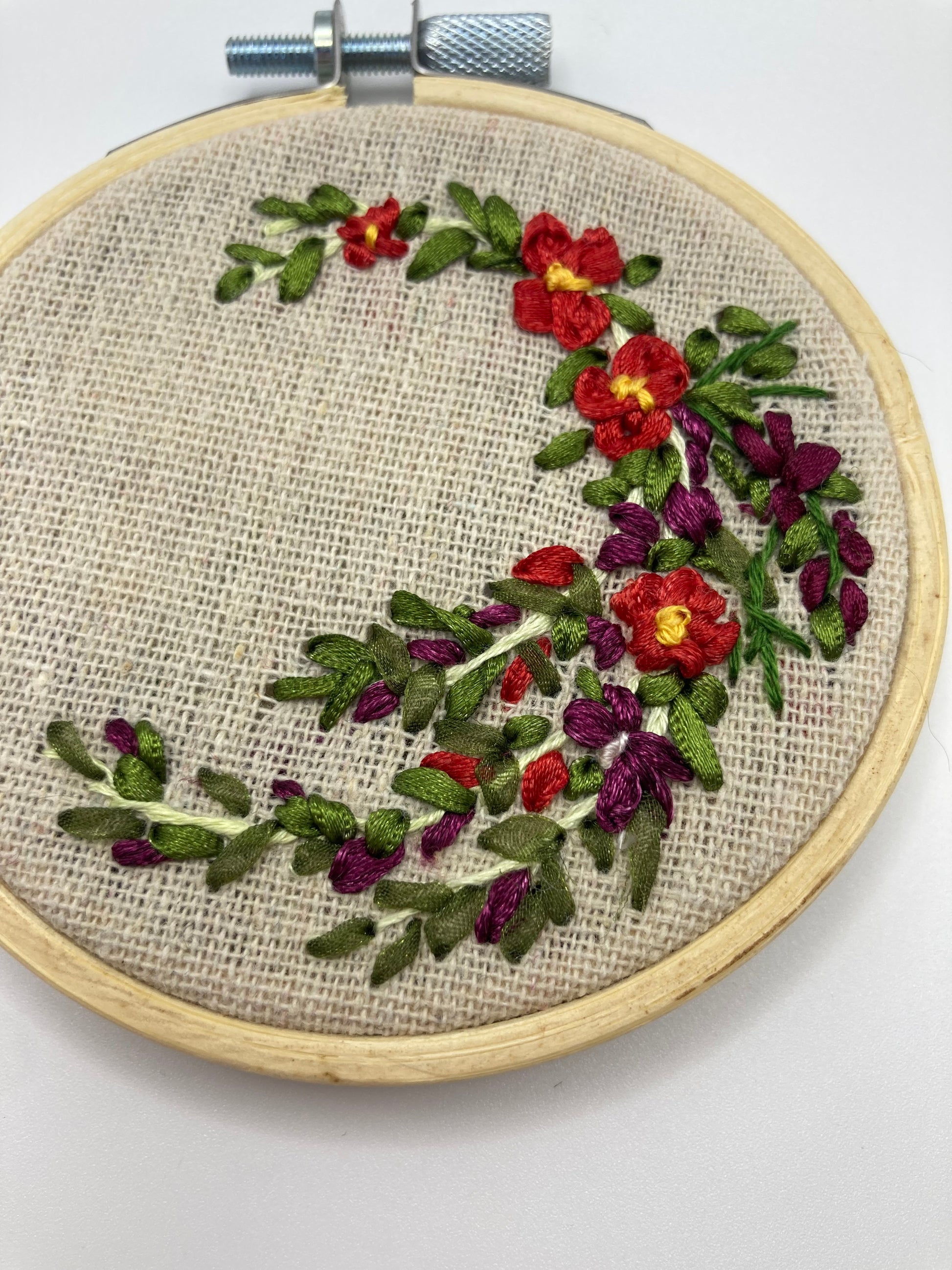 Red and Purple Floral Hand Stitched Small Hoop Wall Art - Bloom & Heirloom Vintage Decor