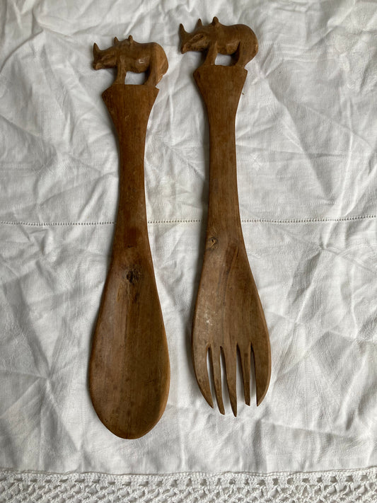 Vintage Wooden Carved Rhino Salad Servers Ethnic Rustic Mid Century