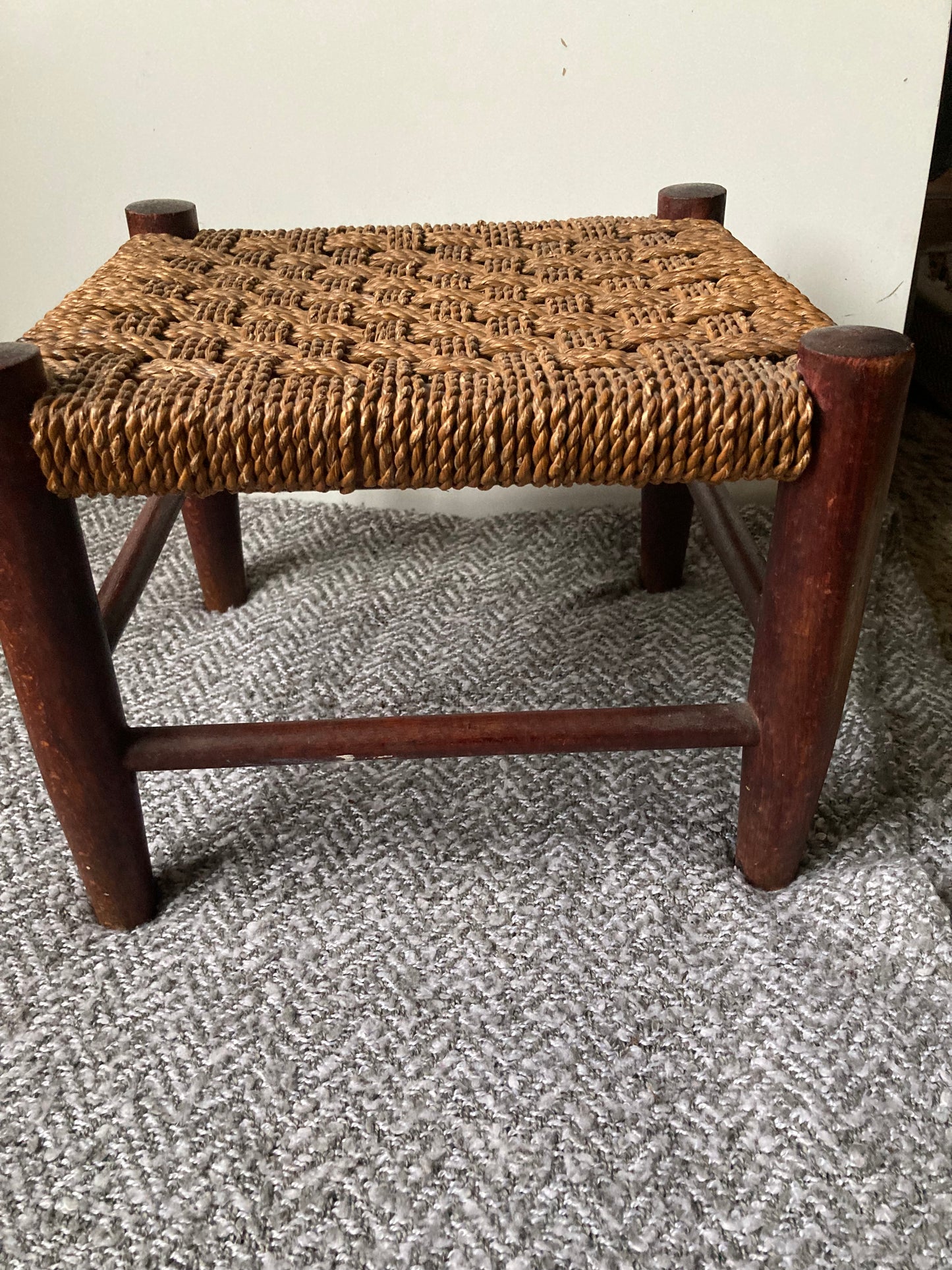 Antique Wooden Foot Stool Woven String Wood Cottage Furniture