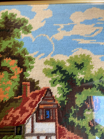 Watermill Cottage Completed Needlepoint Framed Landscape Countryside Fibre Art