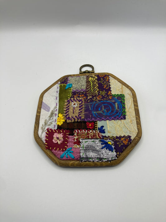 Floral Mixed Media Hand Stitched Medium Oval Hoop Wall Art