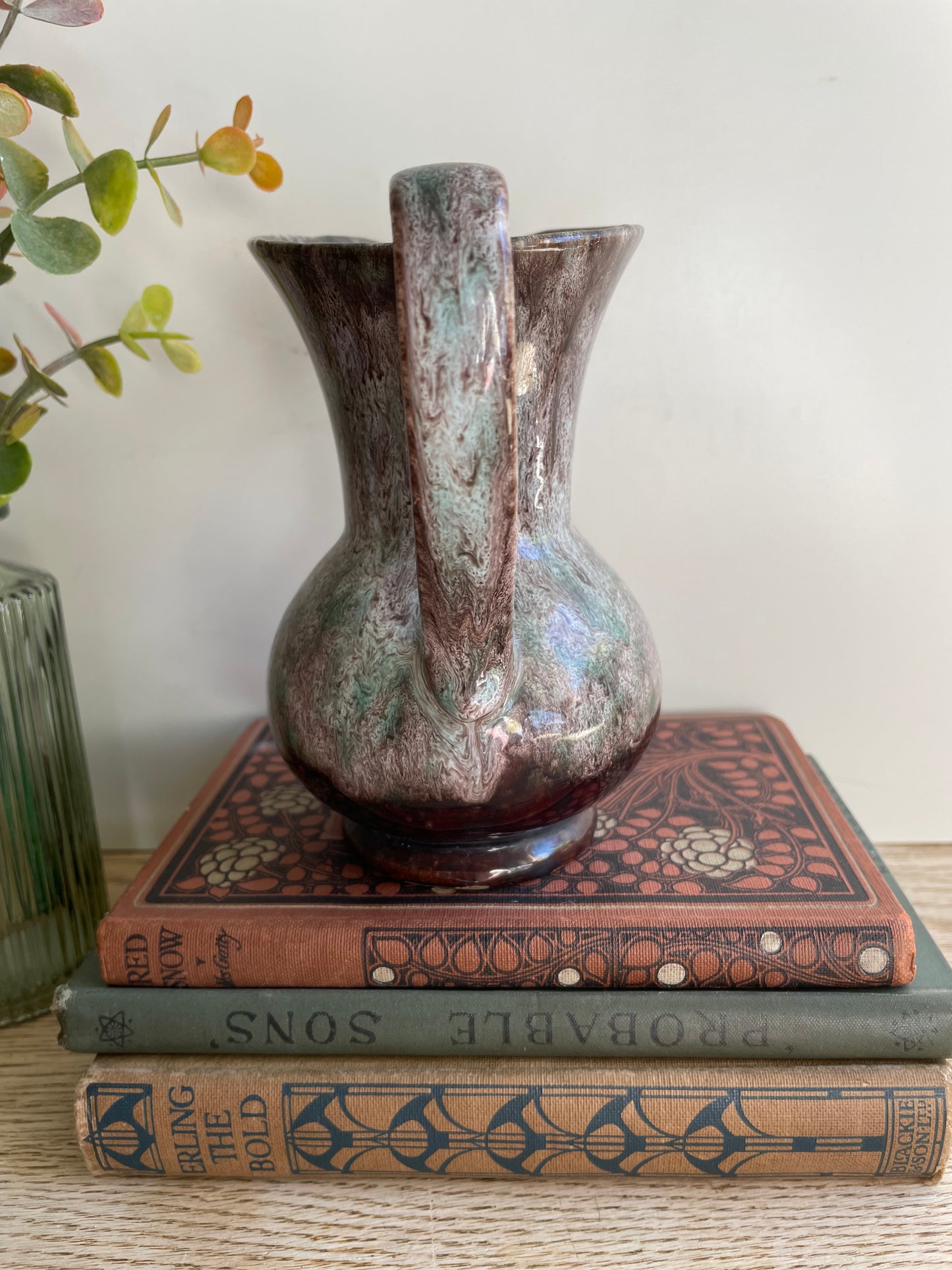 West German Pottery Jug Green Pink White Drizzle Glaze Small Pitcher Vase Decor