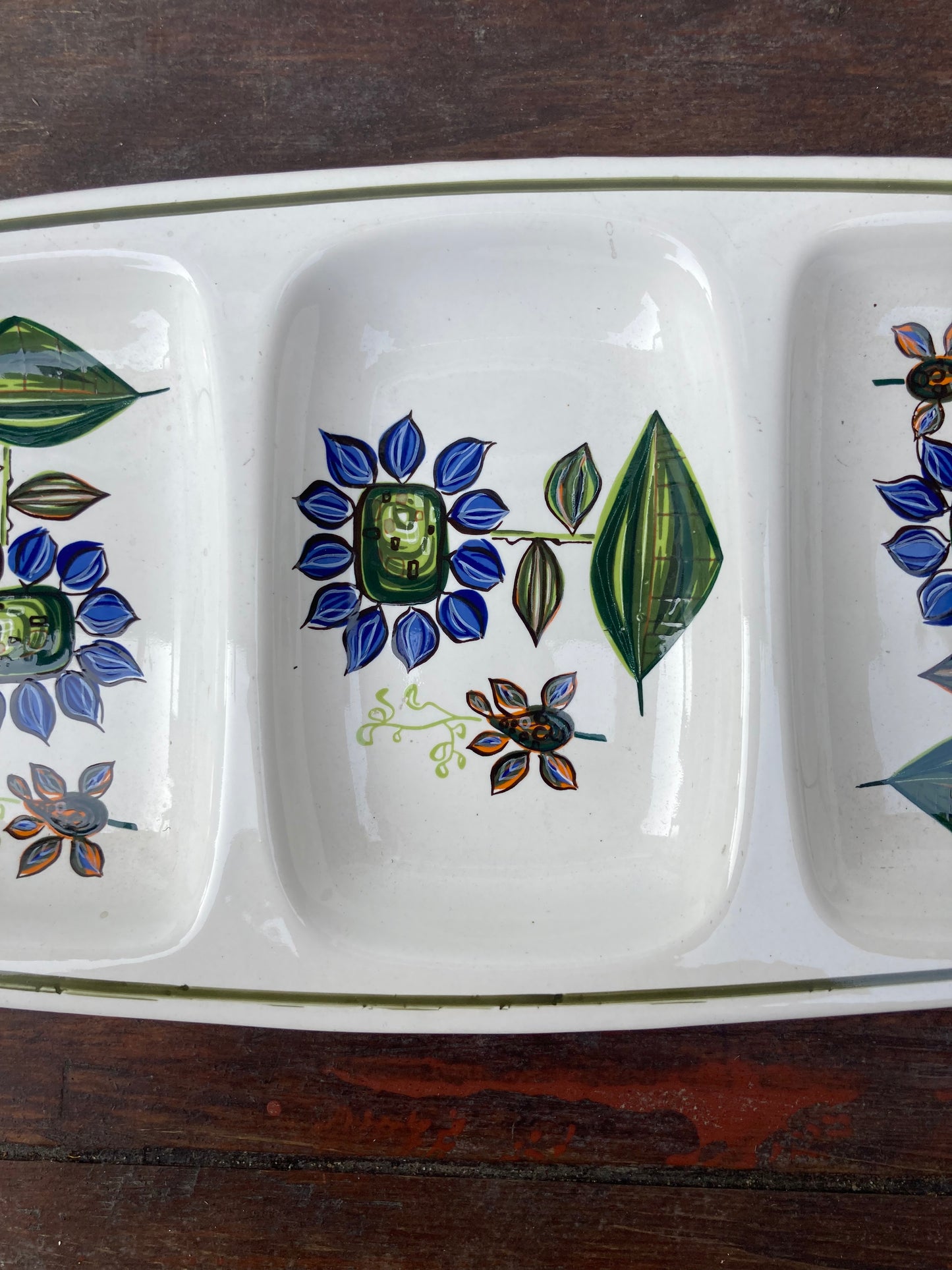 Palissy Royal Worcester Pottery Blue Floral 3 Section Tray