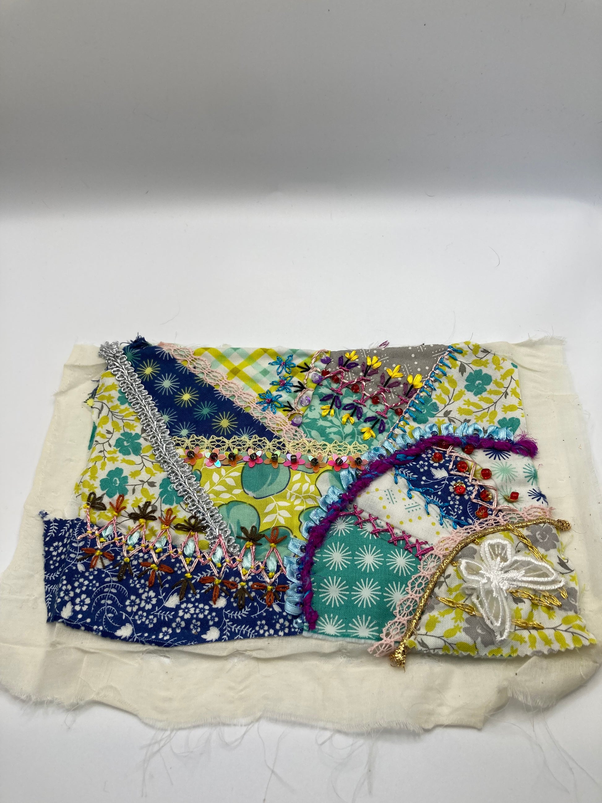Bright Beaded Mixed Media Piece Embroidered Fibre Art - Bloom & Heirloom Vintage Decor