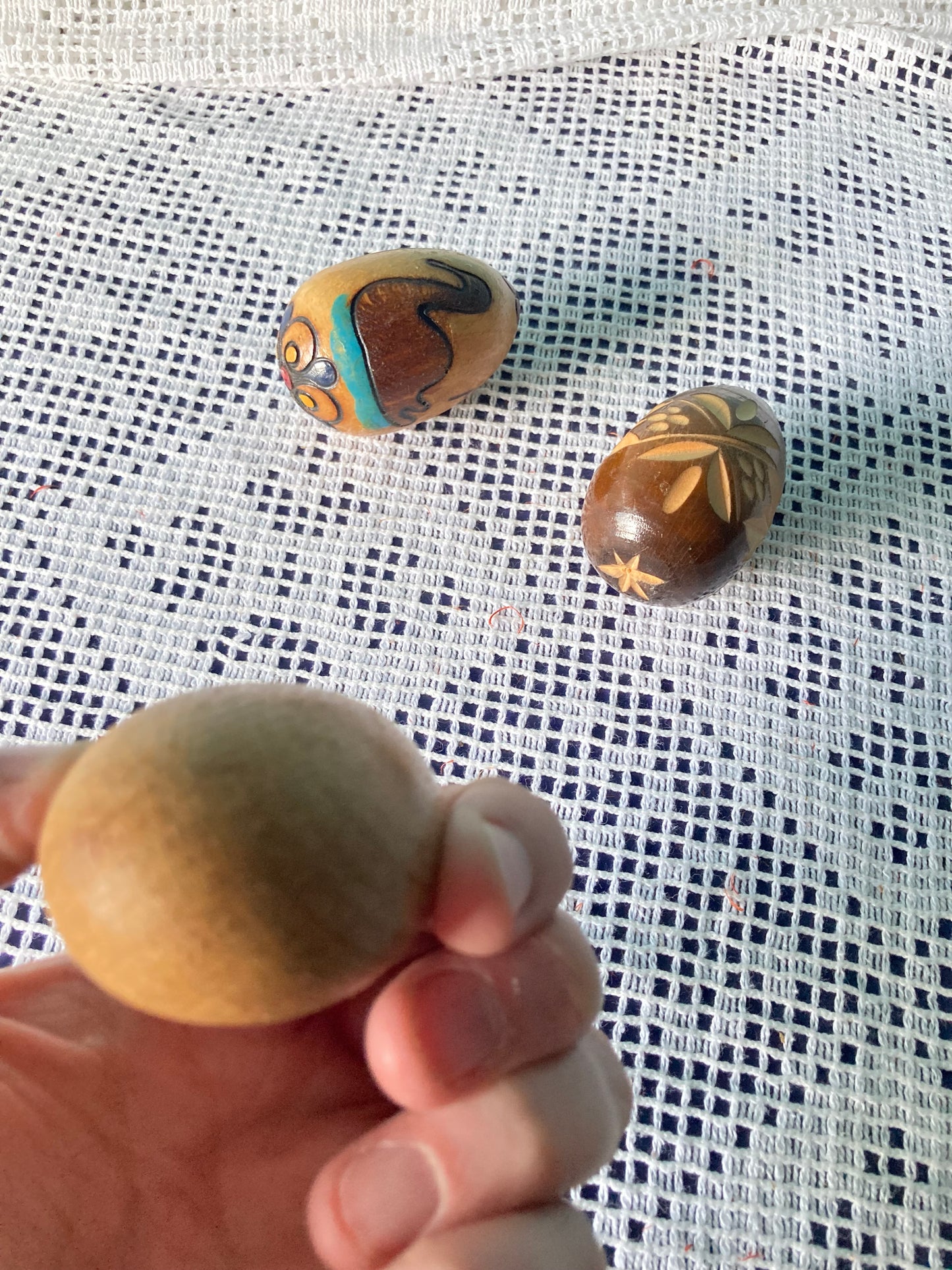 Hand Carved Decorated Wooden Egg Trio