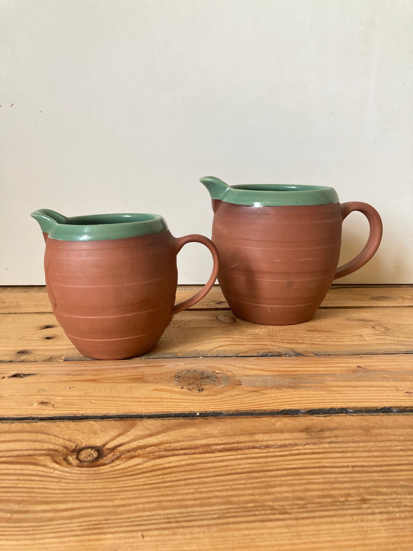 Pair of Vintage Royal Barum Ware Terracotta Cream Jugs | C.H. Brannam Pottery Devon