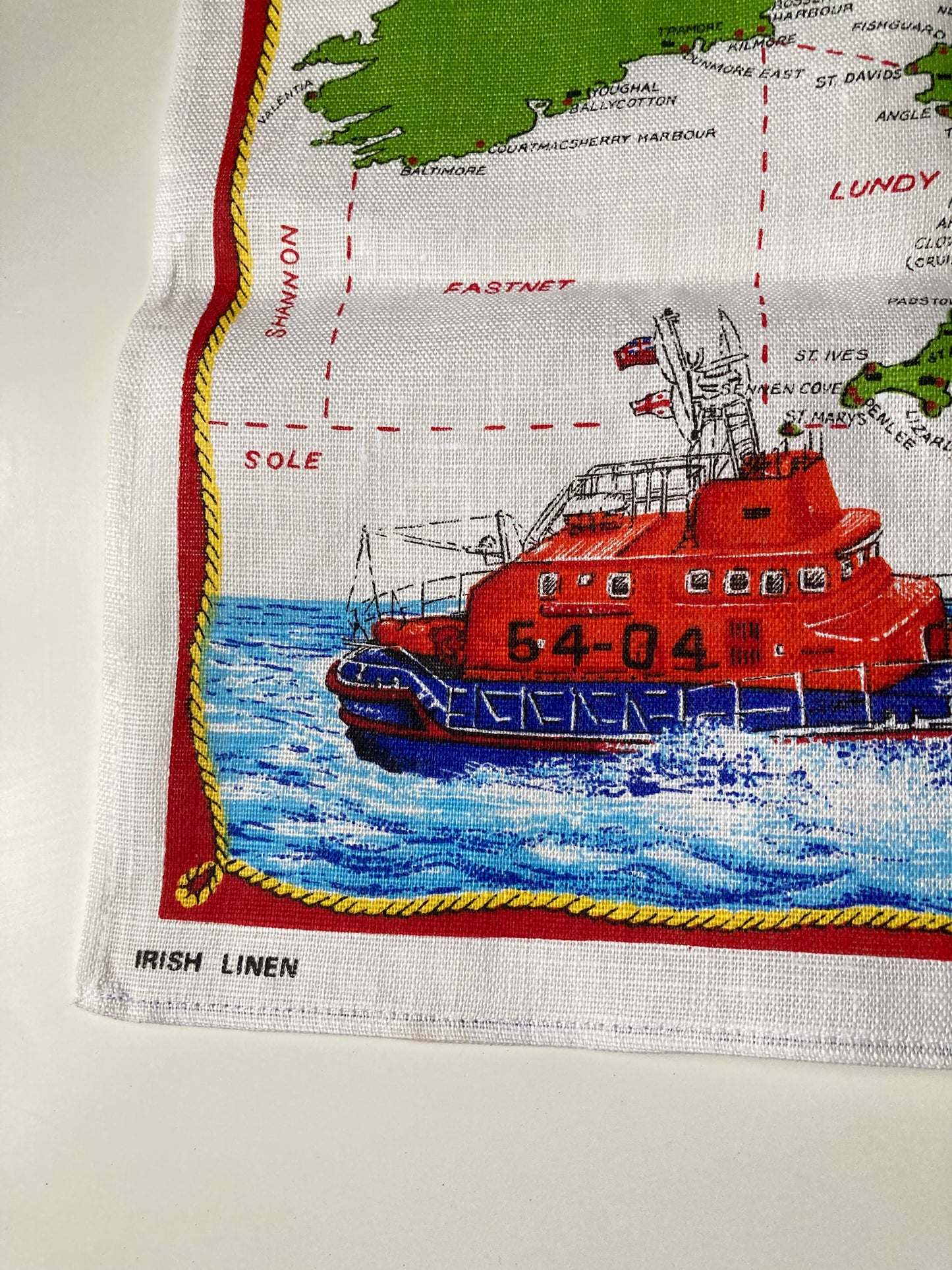 Vintage RNLI Lifeboat Chart Of Great Britain & Ireland Linen Tea Towel