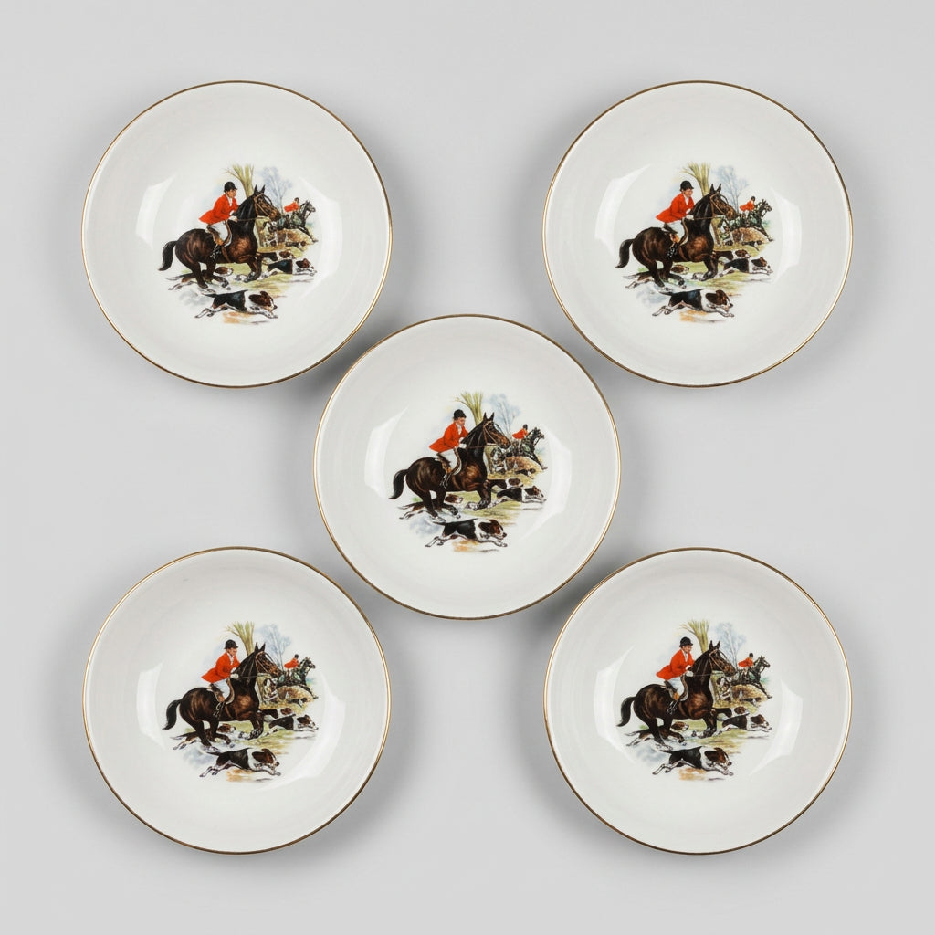 Hunting Scene Dishes, Gilt Rim, Set of 5