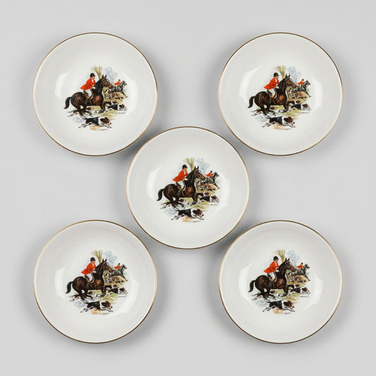 Hunting Scene Dishes, Gilt Rim, Set of 5