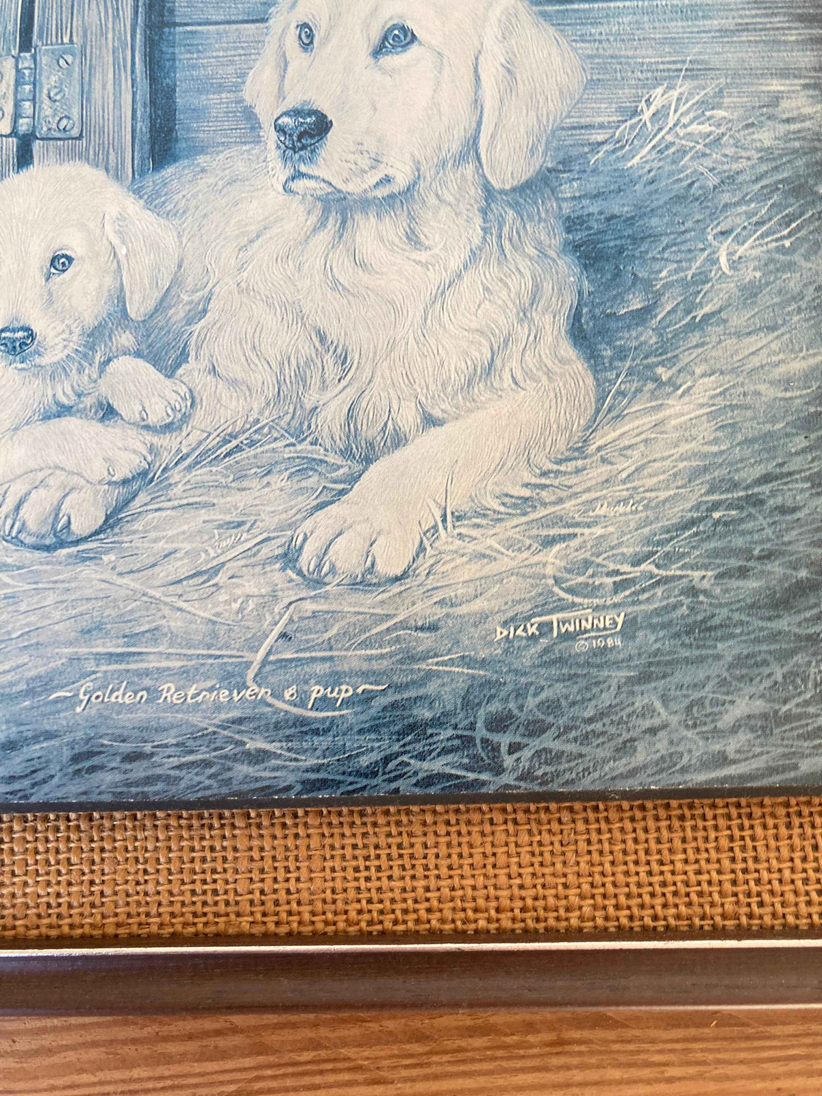 Vintage Dick Twinney Golden Retriever & Puppy Print, Framed on Wood
