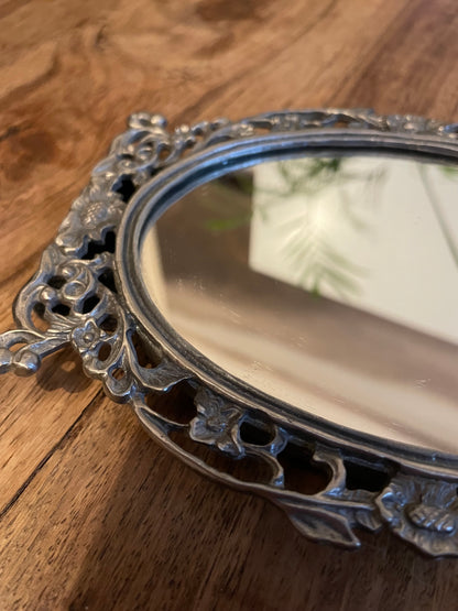 Ornate Oval Mirror Framed Small Pewter Effect Free Standing Prop Gift