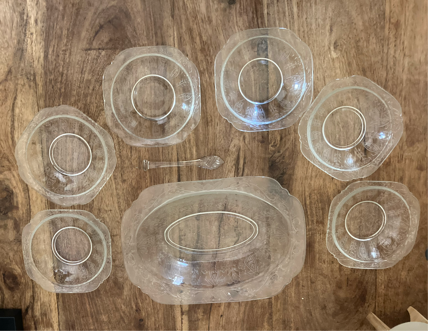 Depression Glass Rectangle Serving Bowl with 6 Square Side Bowls