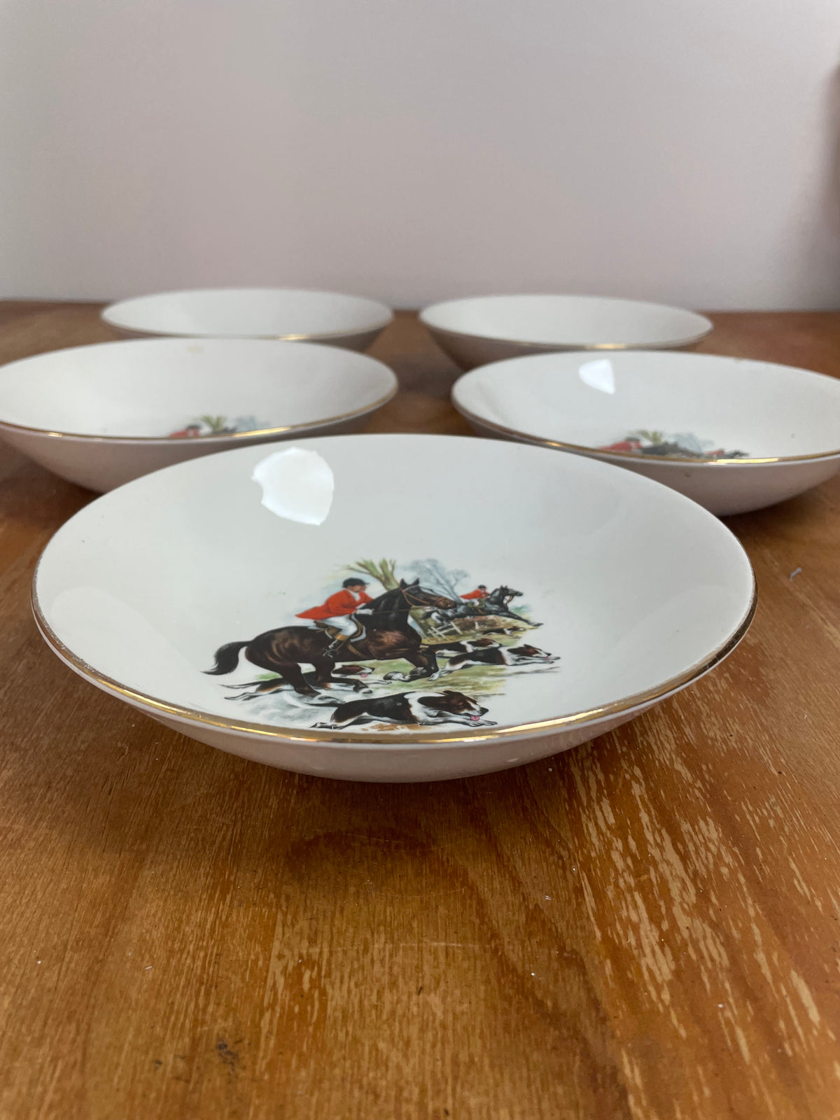 Hunting Scene Dishes, Gilt Rim, Set of 5