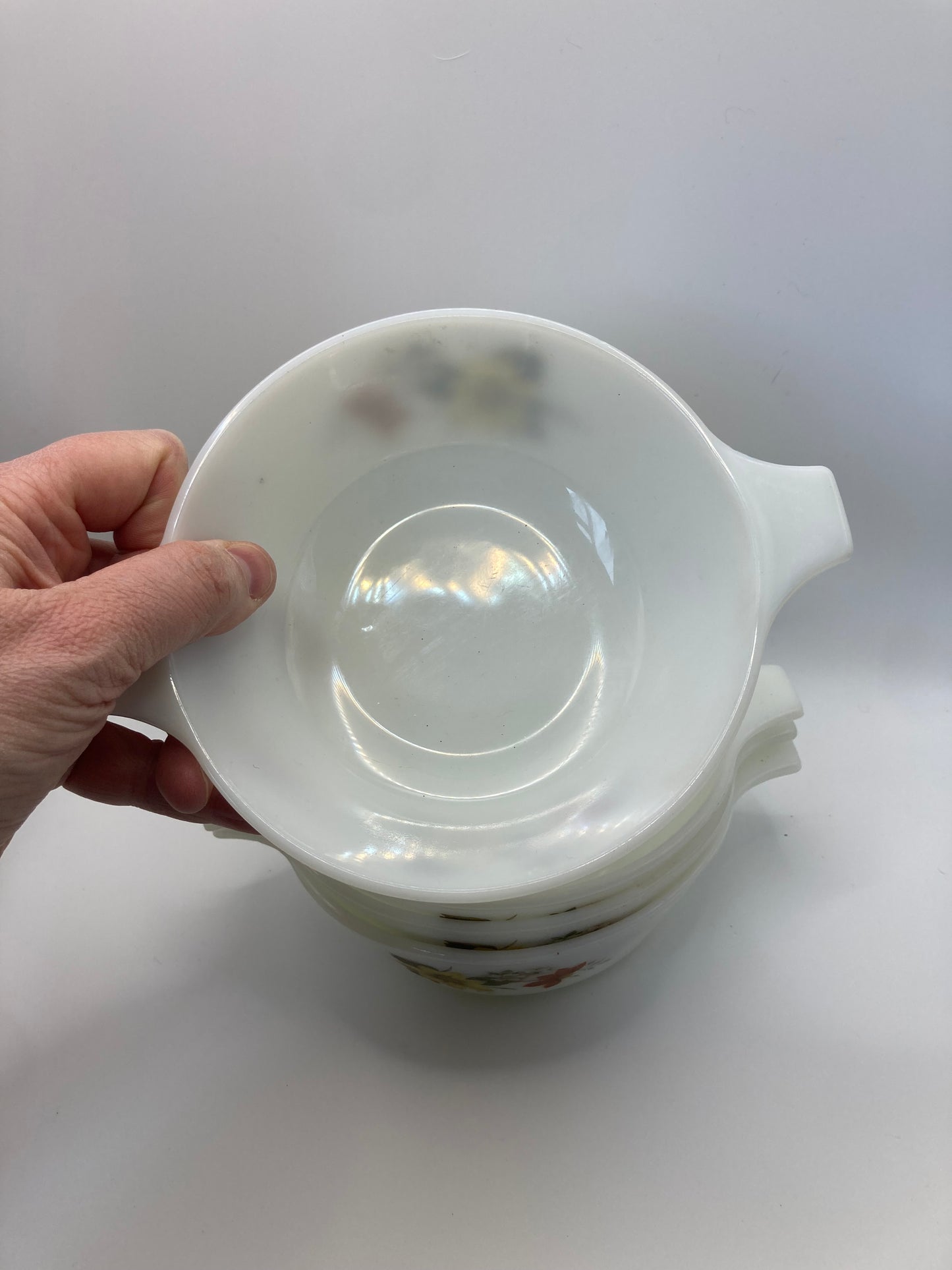 Vintage JAJ Pyrex White Dahlia Bowls Autumn Glory Serving Dishes x4 - Bloom & Heirloom Vintage Decor