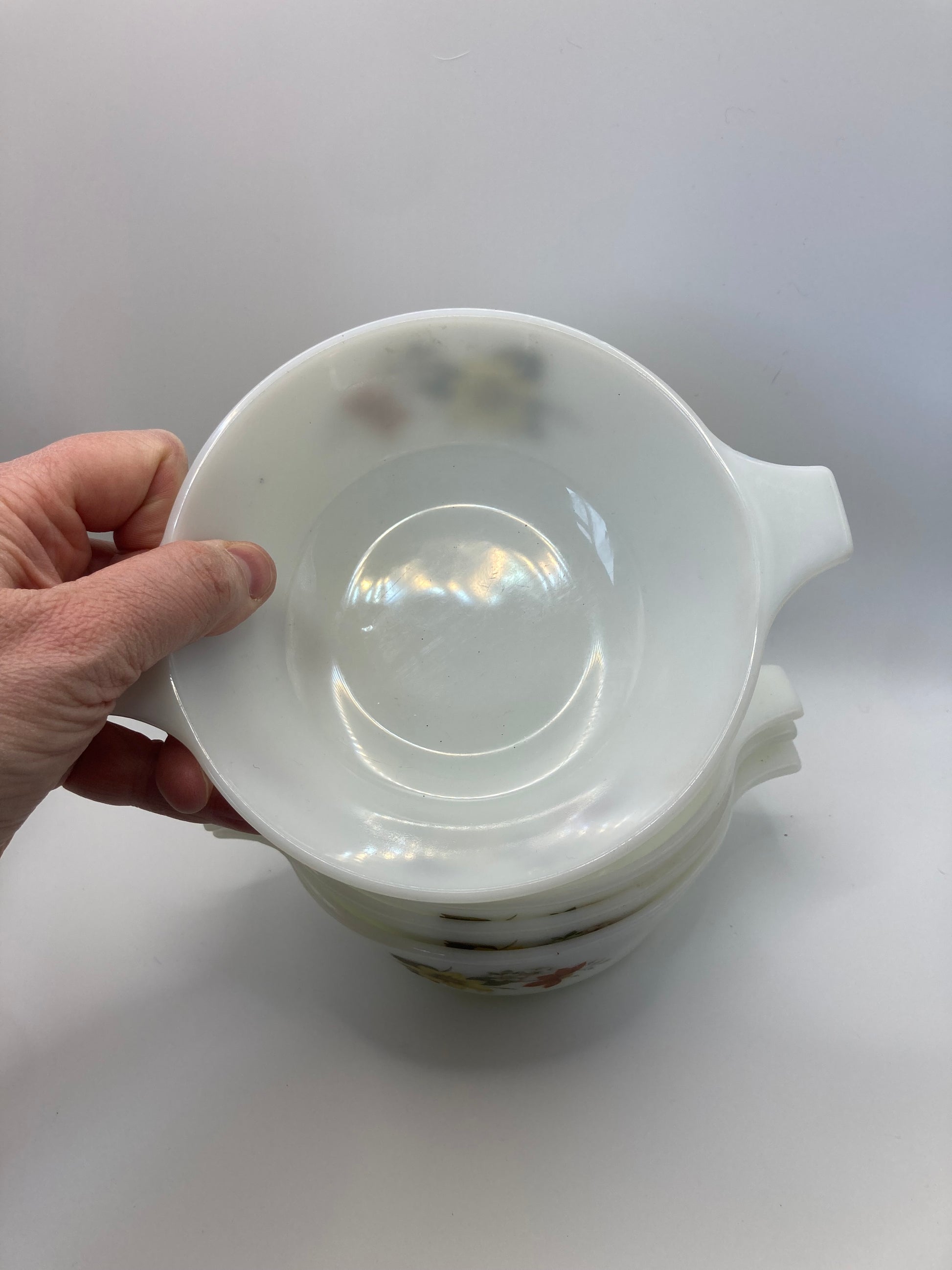 Vintage JAJ Pyrex White Dahlia Bowls Autumn Glory Serving Dishes x4 - Bloom & Heirloom Vintage Decor