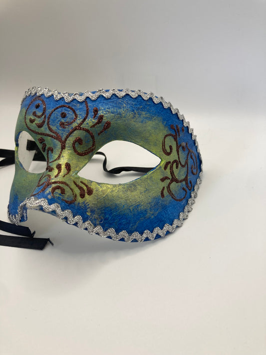 Vintage Original Venezia, Italy Hand Painted  Masquerade Mask Papier-mâché Blue - Bloom & Heirloom Vintage Decor
