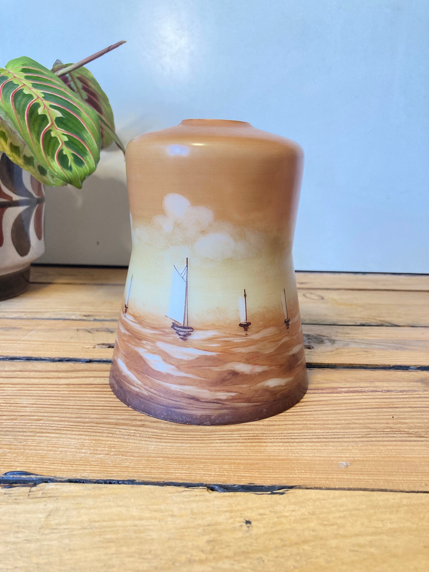 Vintage Hand Painted Glass Lamp Shade Nautical Sailboat Amber Brown