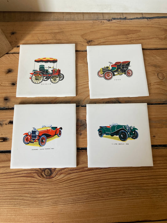 Vintage Classic Car Ceramic Tiles – Set of 4 Motoring Decorative Trivets or Wall Plaques