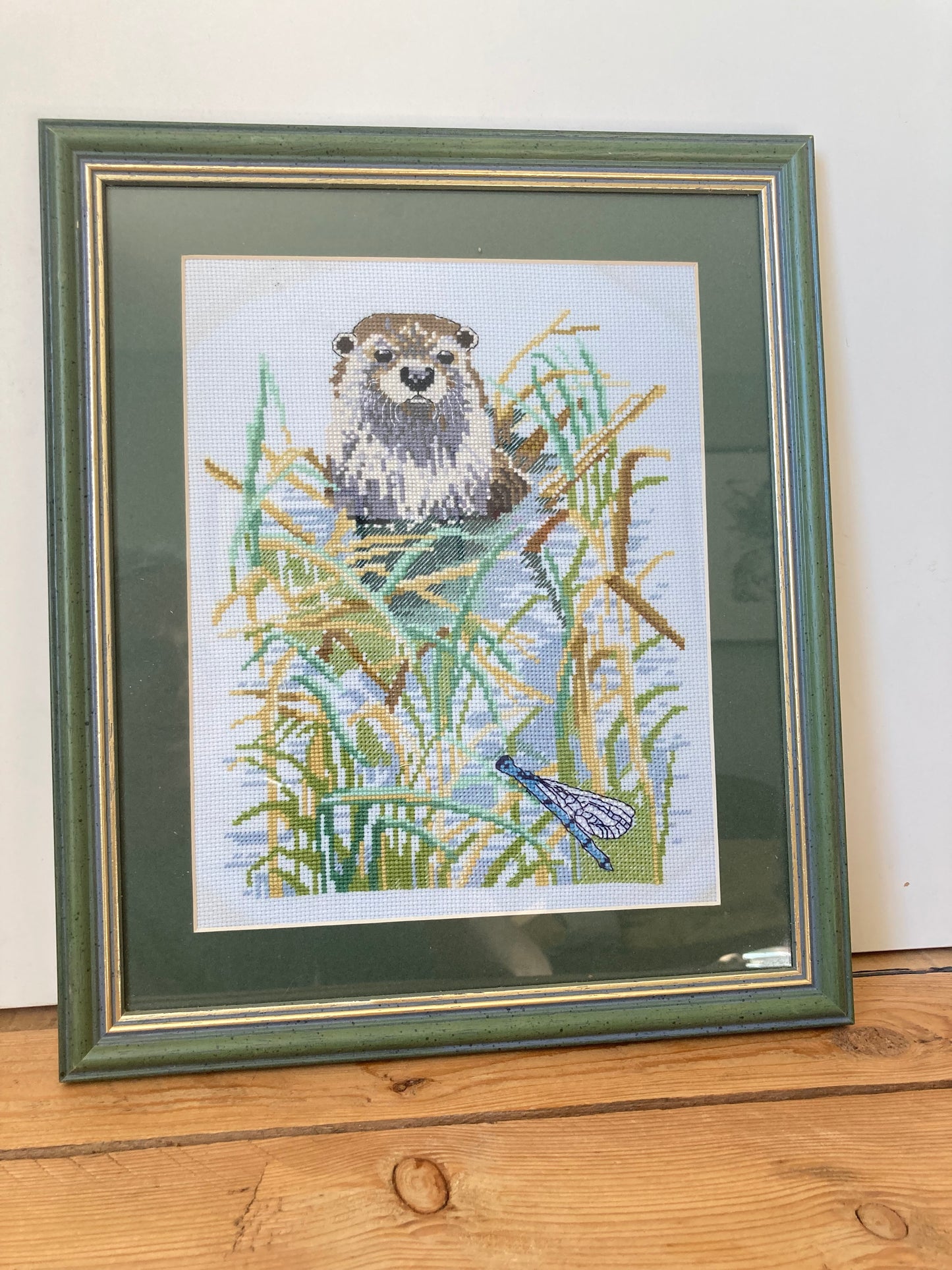 Vintage Framed Otter Needlepoint in Green Wood Frame
