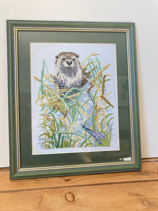 Vintage Framed Otter Needlepoint in Green Wood Frame
