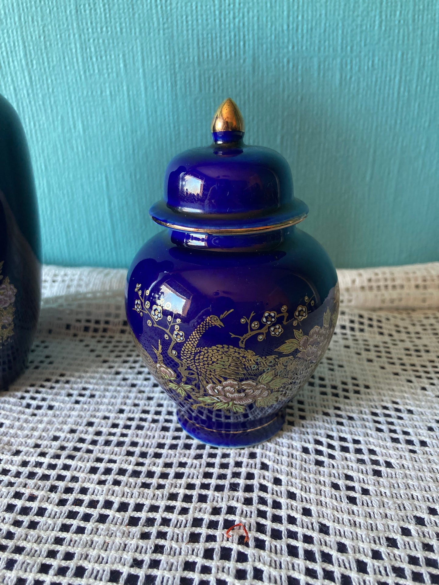 Kutani Ginger Jar and Vase Set Japanese Peacock Ceramics