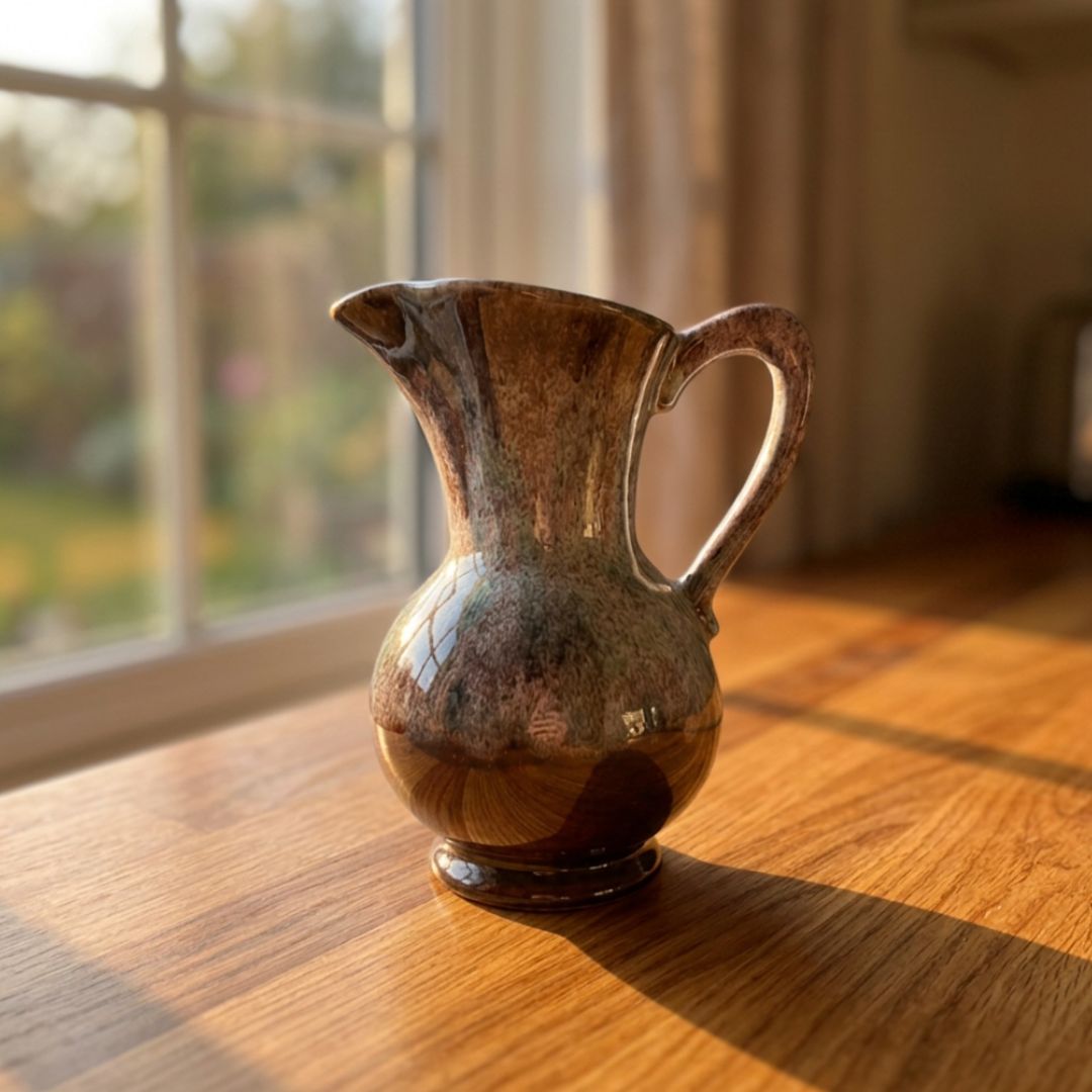 Mid-Century West German Pottery Small Pitcher Green & Pink Glossy Drizzle Glaze