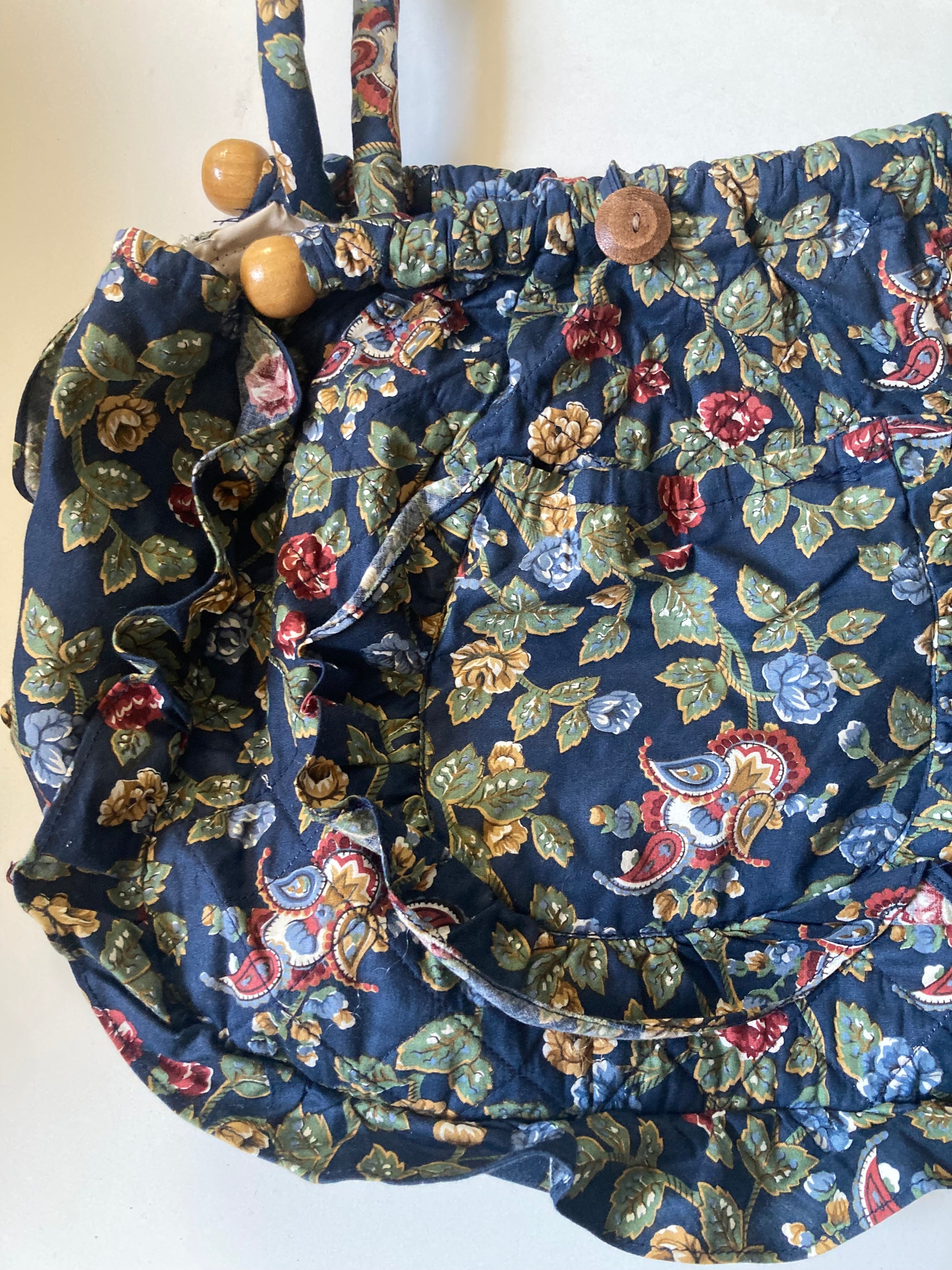 Vintage Fabric Knitting Craft Storage Bag Lined Wooden Handles Floral Pockets - Bloom & Heirloom Vintage Decor